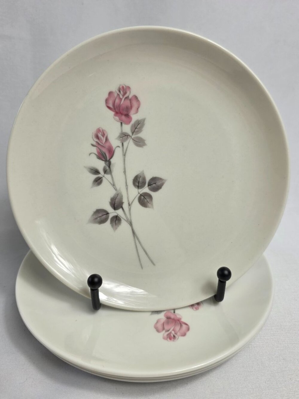 FOUR Royal Doulton Pillar Rose Bread Plates Pink Roses Gray Leaves